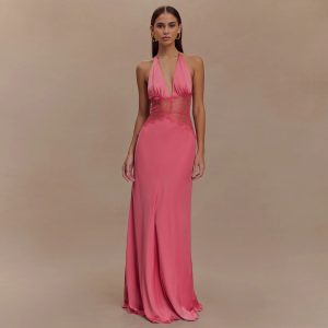 Lace-Detail Deep V-Neck Long Dress