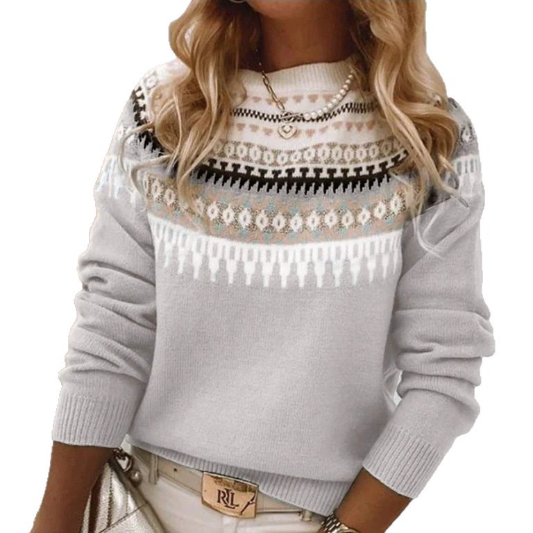Wish Hot Selling Amazon New European and American Style Sweater Women's Round Neck Color Block Loose Fashion Pullover Knit Sweater - Image 3