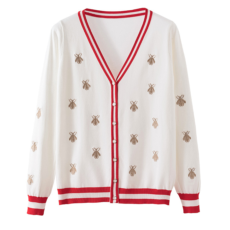 Early autumn new style bee embroidery thin ice silk commuter sweater small fragrance wind top coat sweater tide cardigan women - Image 4