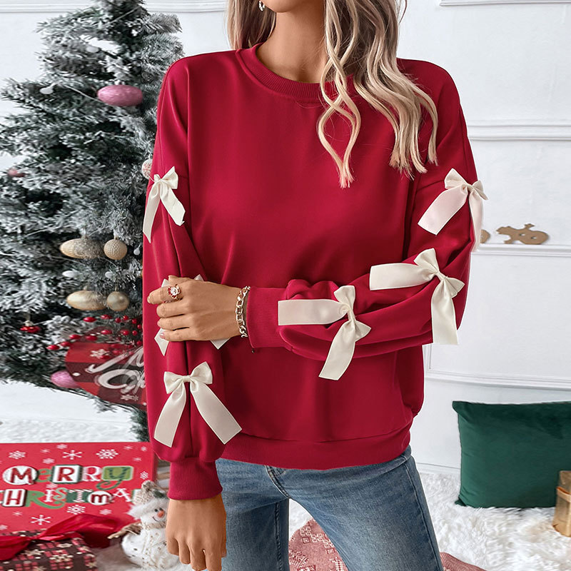 Amazon Fall/Winter Bestseller: Sweet Style Round Neck Bow Tie Red Christmas Sweatshirt for Women (European and American Style) - Image 2