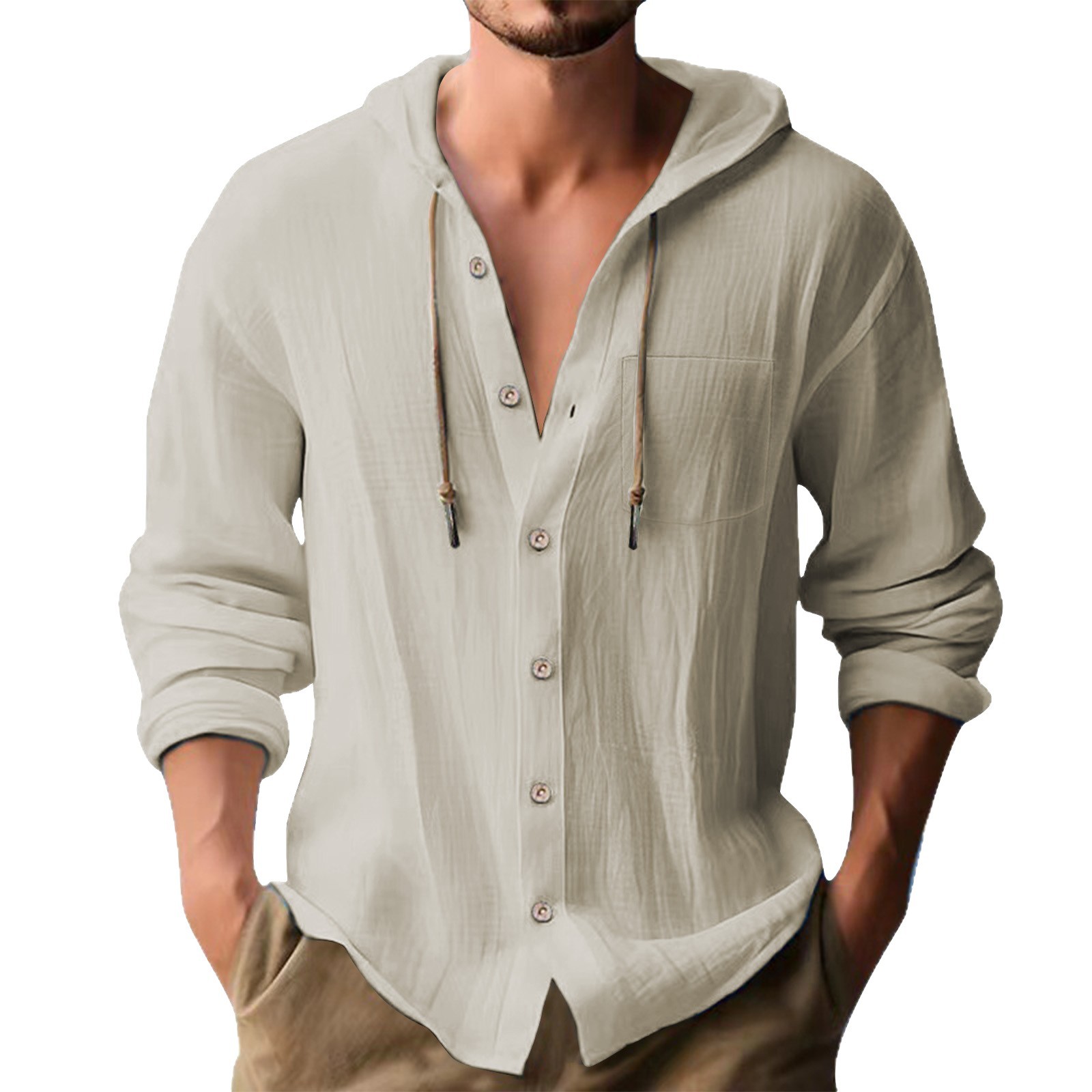 Cross-border European and American 2025 New Hot Selling Sports Trendy Hooded T-shirt Solid Color Cotton Linen Casual Long Sleeve Men's Shirt - Image 5