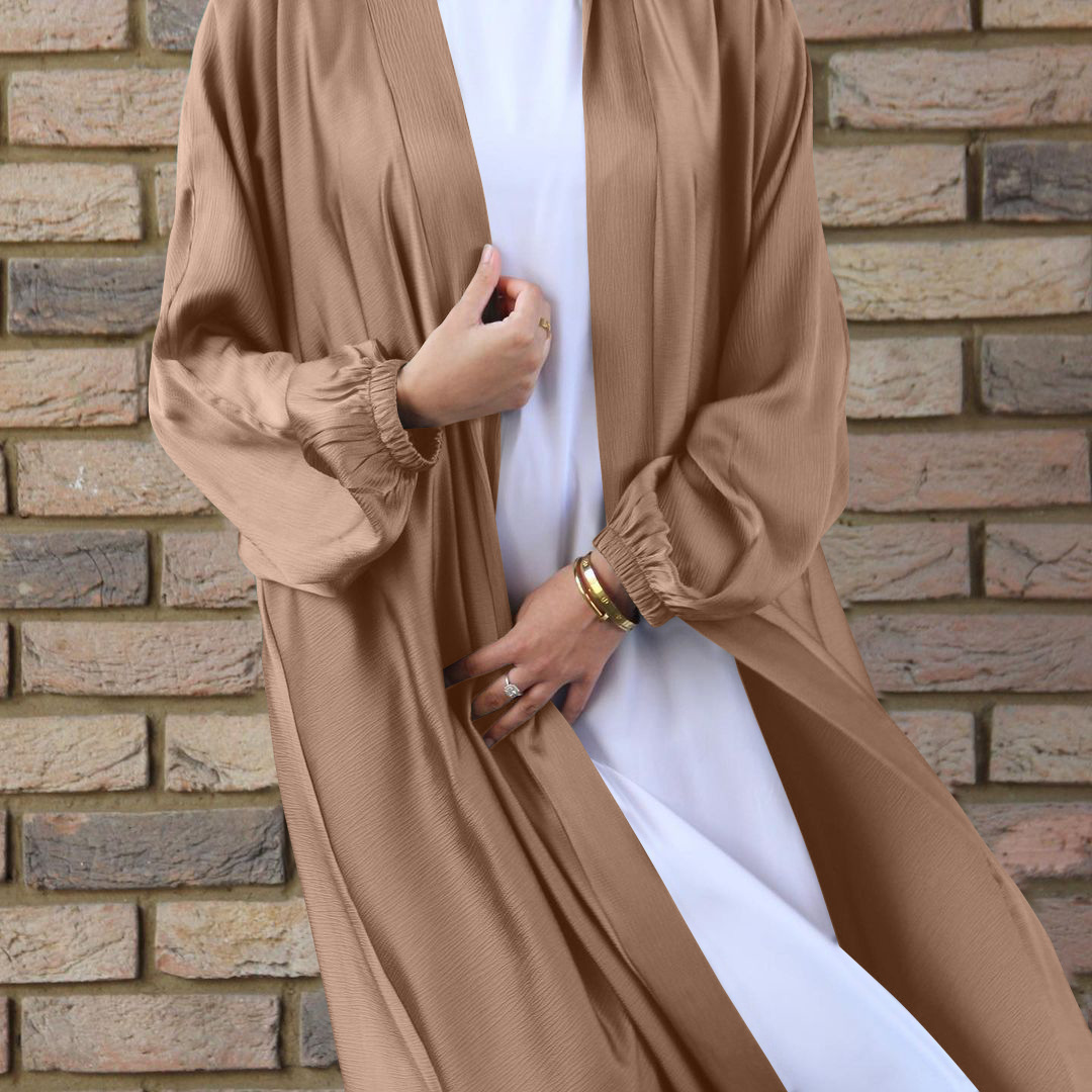 Spot cross-border European and American Muslim women's bubble satin cardigan robe Middle East Dubai long-sleeved dress Muslim - Image 5