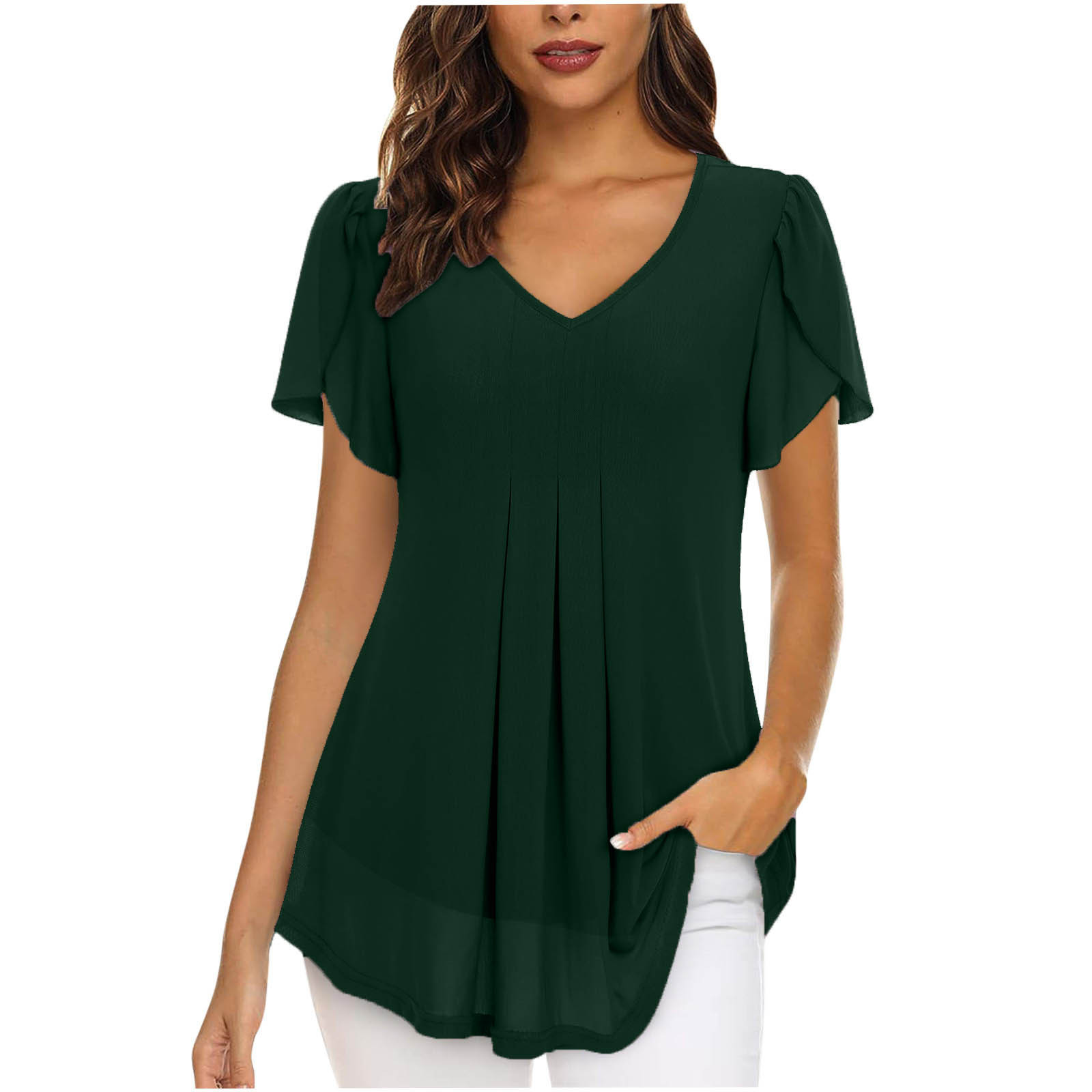 2023 European and American style women's chiffon blouse with petal-shaped short sleeves, waist-cinching top, summer casual T-shirt with pleats - Image 18