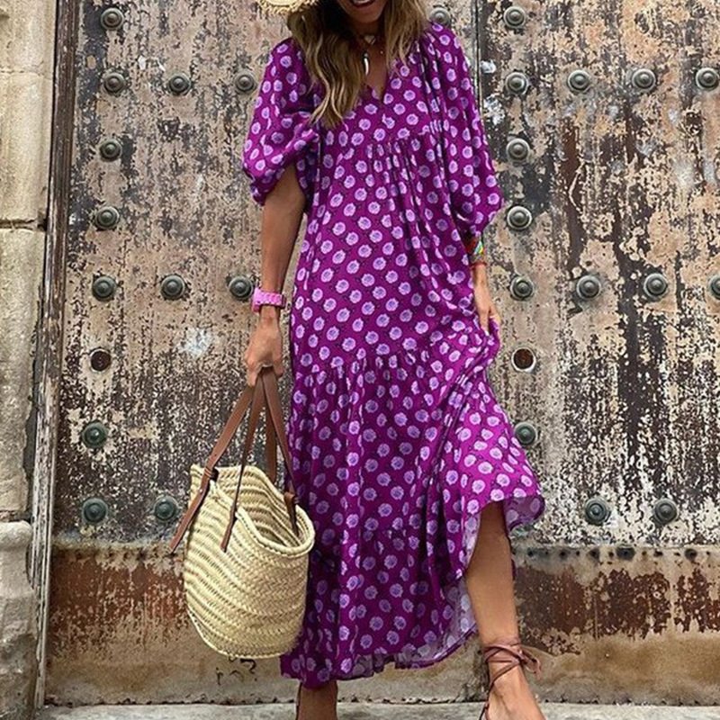 Cross-border European and American plus-size ladies loose-fitting Bohemian round-neck lantern-sleeve sweet girl dress - Image 10