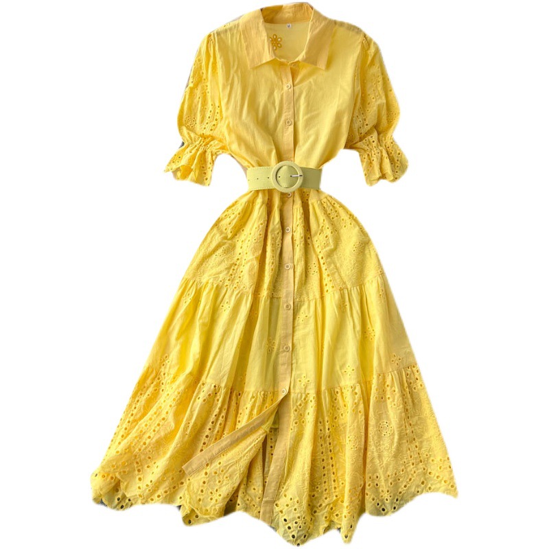 Light Luxury Minority Hollow Embroidered Dress Women's Summer 2022 New Tight Waist Slimming Puff Sleeve Shirt Midi Dress - Image 5