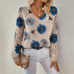 Foreign trade cross-border hot-selling printed sweater, elegant bohemian floral V-neck long-sleeved top, fashionable V-neck pullover.