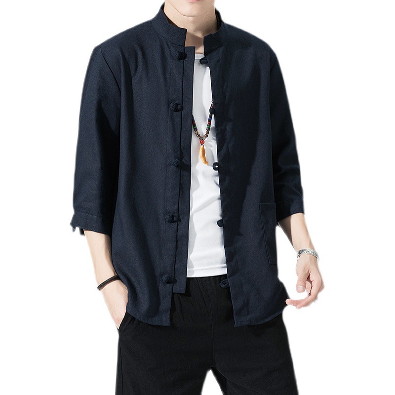 2022 summer new men's Chinese style solid color cotton linen stand collar 7 points sleeve shirt button retro casual shirt - Image 2