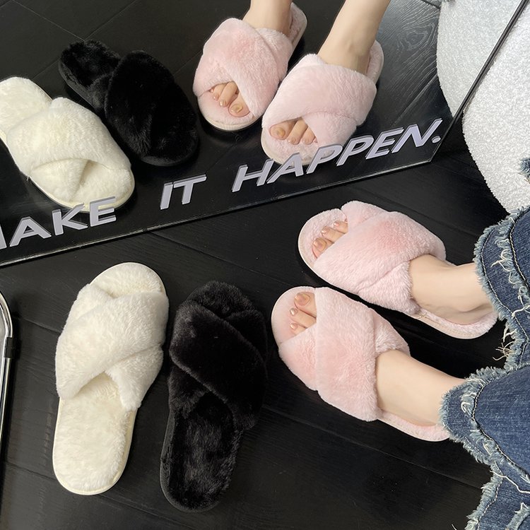 Autumn and winter furry fashion home cross open toe outdoor fur slippers for women flat non-slip cotton slippers warm women's shoes - Image 2