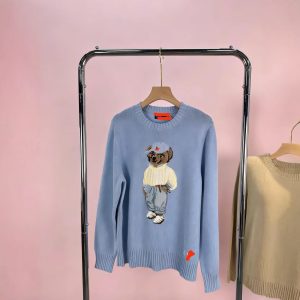 High-quality cross-border e-commerce style, small horse logo, scannable QR code, R-L pure cotton heavy-duty cartoon bear autumn and winter sweater for women.