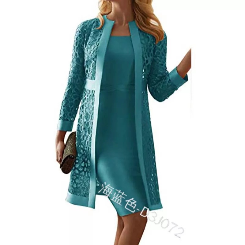 2021 spring and autumn new women's clothing solid color lace cardigan round neck dress two-piece set Amazon wish - Image 3