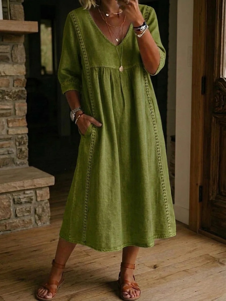 2026 Amazon New Summer European and American Style Cotton Linen V-neck Loose Fit Slimming Three-Quarter Sleeve Mid-Length Women's Dress - Image 7