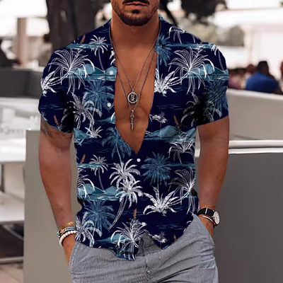 Cross-border foreign trade 2023 men's Hawaiian short-sleeved shirt men's lapel shirt holiday casual T-shirt - Image 26