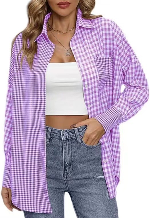 2023 Amazon women's spring and summer new cross-border European and American foreign trade ladies' fashion loose casual plaid shirt - Image 9