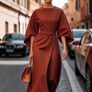 Women's Solid-Color Waist-Cinched Dress with Batwing Sleeves