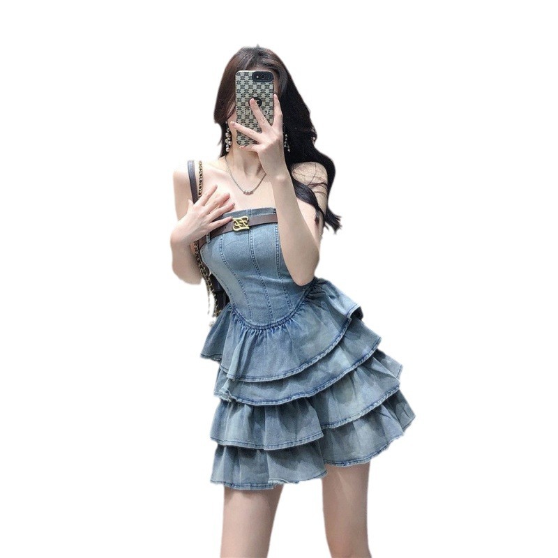 American hottie chest wrap denim dress female 2024 summer new style high waist slim a-shaped cake medium length group tide - Image 7