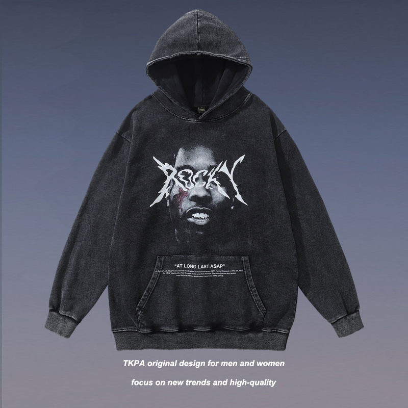 TKPA American hip-hop portrait printed washed hooded sweatshirt for men and women retro trendy brand old loose and versatile jacket - Image 3