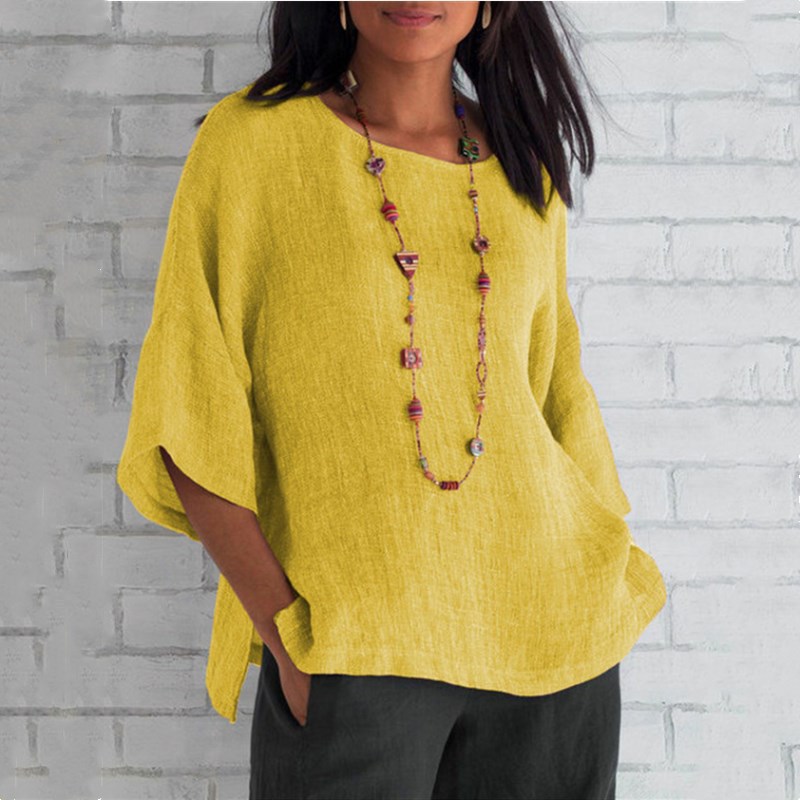 2026 Wish, EABI, Amazon New Arrival Women's Three-Quarter Sleeve Round Neck Cotton Linen Shirt Top - In Stock - Image 2
