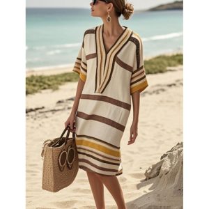 Striped V-Neck Casual Dress