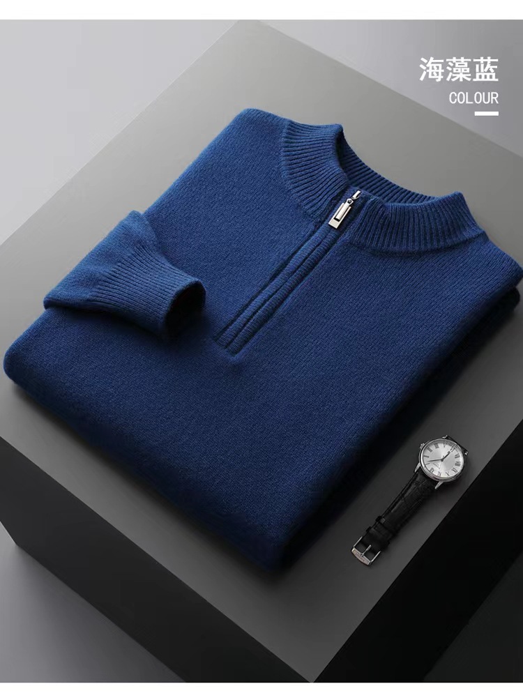 100% wool sweater men's half turtleneck zipper thickened bottoming sweater autumn and winter business casual solid color cashmere sweater - Image 9
