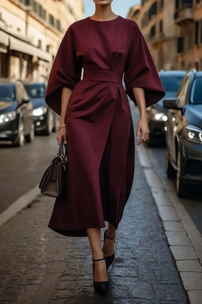 2025 Foreign Trade Women's Clothing, European and American Cross-border Fashion, Elegant Solid Color Waist-cinching Dress, Casual Batwing Sleeve Long Skirt - Image 11