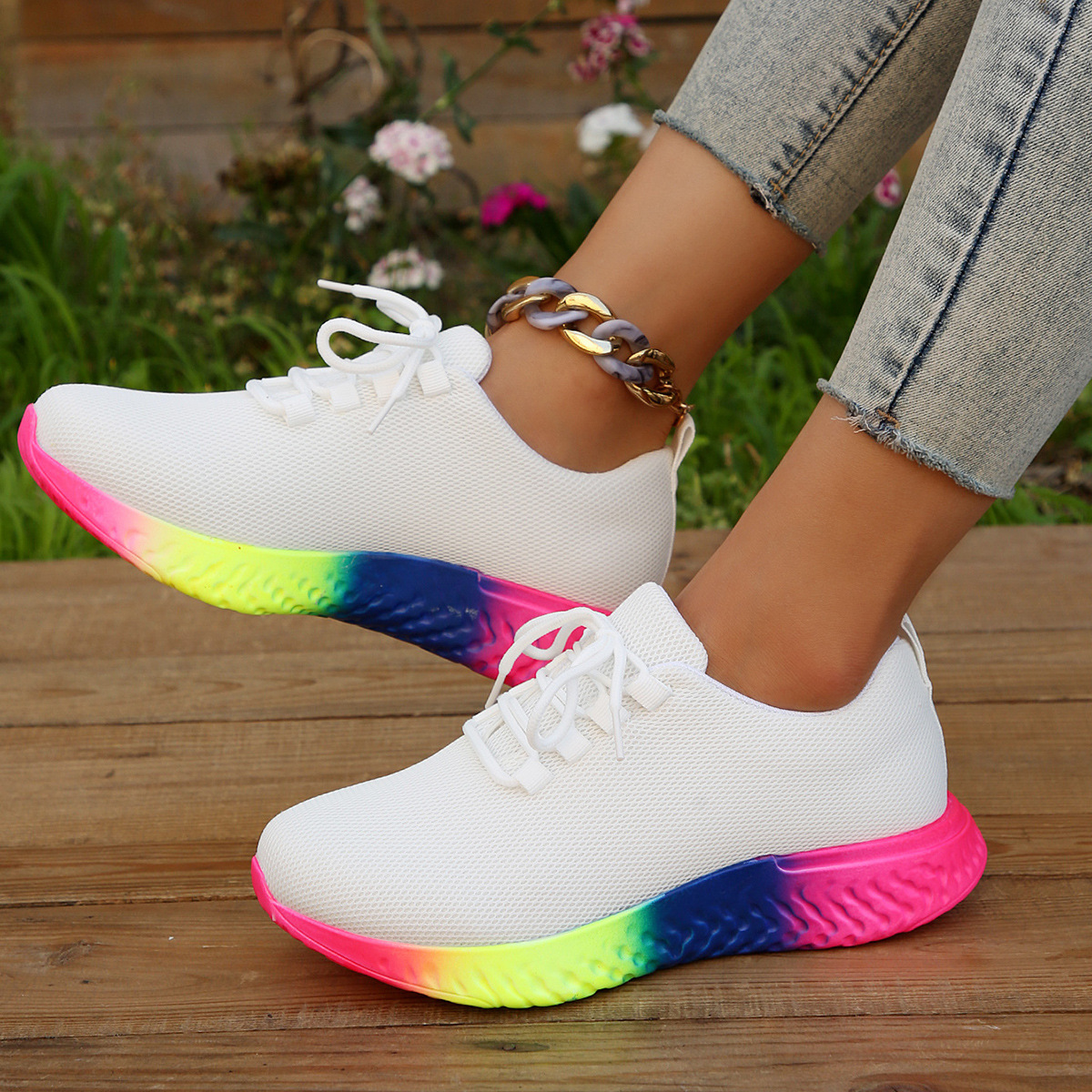 New cross-border 2023 autumn European and American large size 36~43 rainbow single shoes women's casual thick-soled lace-up sports shoes women - Image 2
