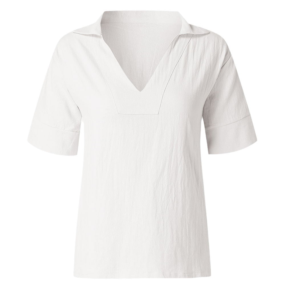 2026 Spring/Summer Amazon European and American Cross-Border V-Neck Cotton Linen Versatile Solid Color Plus Size Loose Mid-Sleeve Women's Shirt - Image 5