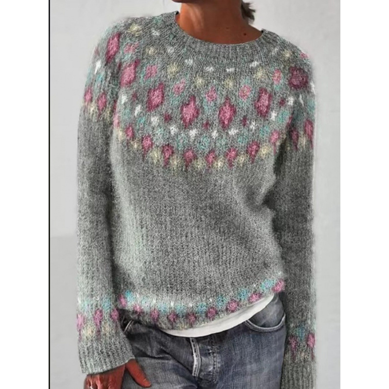 Amazon European and American new sweater women wish hot sale round neck color matching loose fashion pullover sweater - Image 3