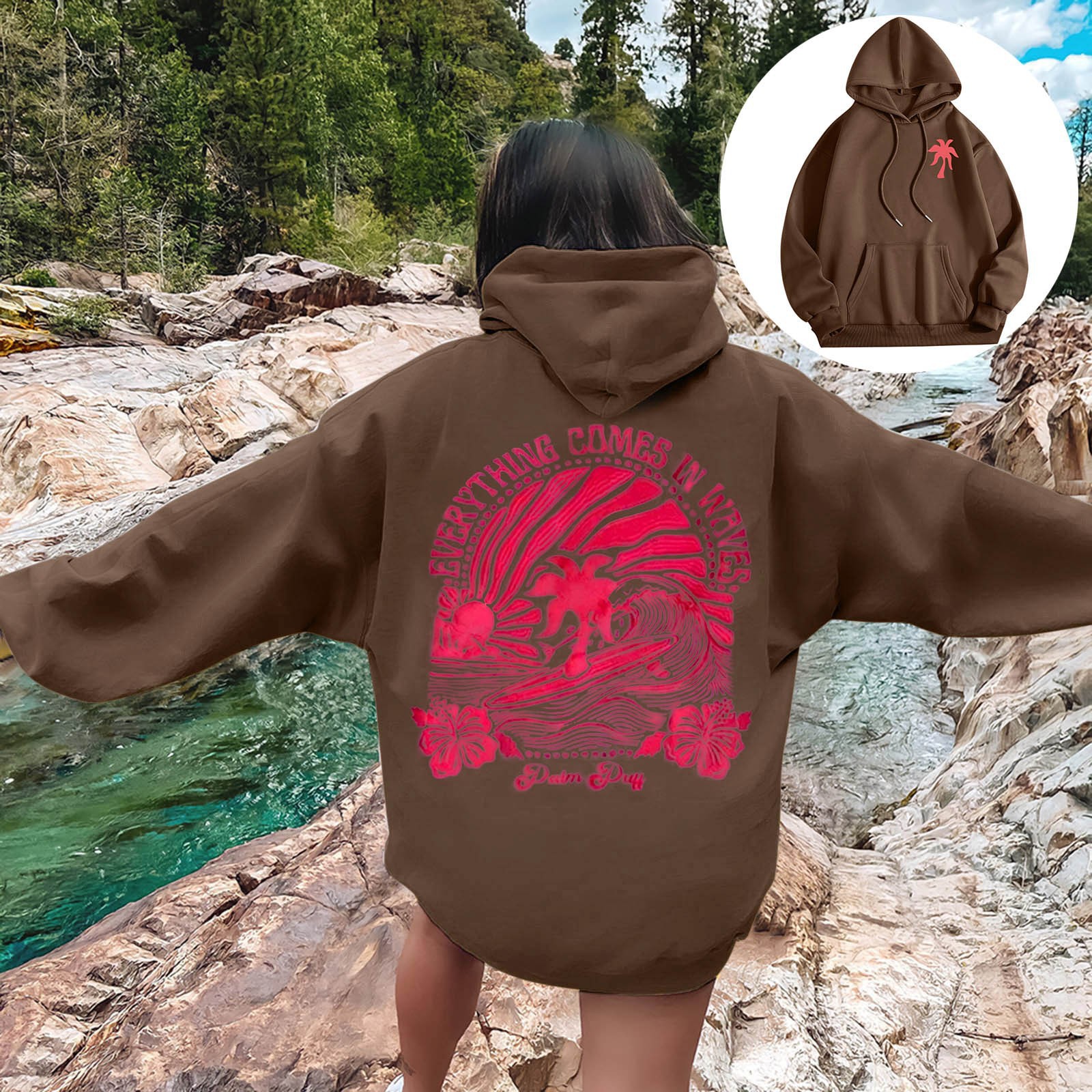 2024 New European Size Women's Drop Shoulder Sleeve Thread Chasing Sunsets Brand Sweatshirt Hoodie Print - Image 7