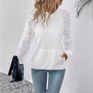 2024 Amazon Europe & America Cross-Border New Women's Clothing Lace Waffle Patchwork Hoodie Casual Sweatshirt