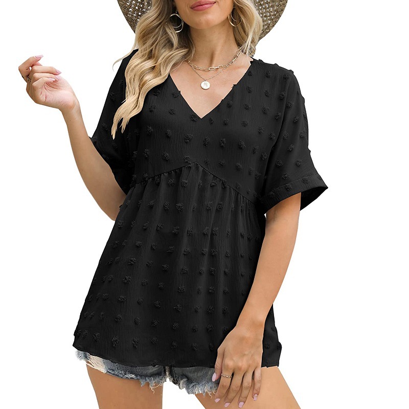 Cross-border European and American women's clothing, 2023 summer new style, Amazon women's V-neck loose ruched mid-sleeve chiffon top. - Image 2