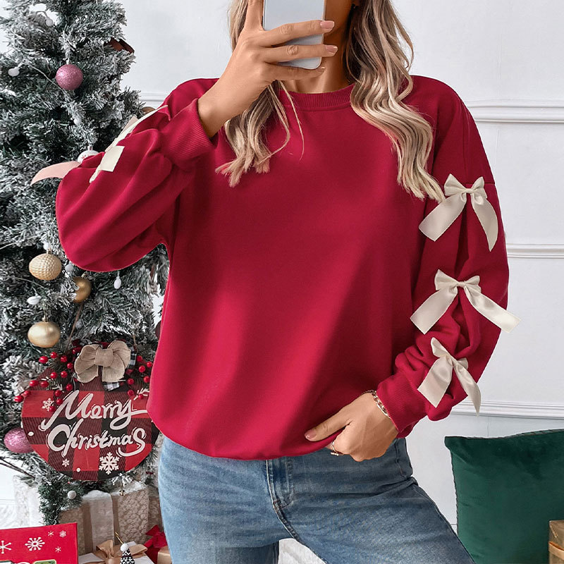 Amazon Fall/Winter Bestseller: Sweet Style Round Neck Bow Tie Red Christmas Sweatshirt for Women (European and American Style) - Image 3