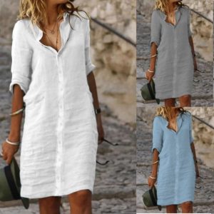 2025 Amazon Independent Website Cross-Border New Loose-fitting Collared Button-down Short-sleeved Solid Color Cotton Linen Shirt Dress