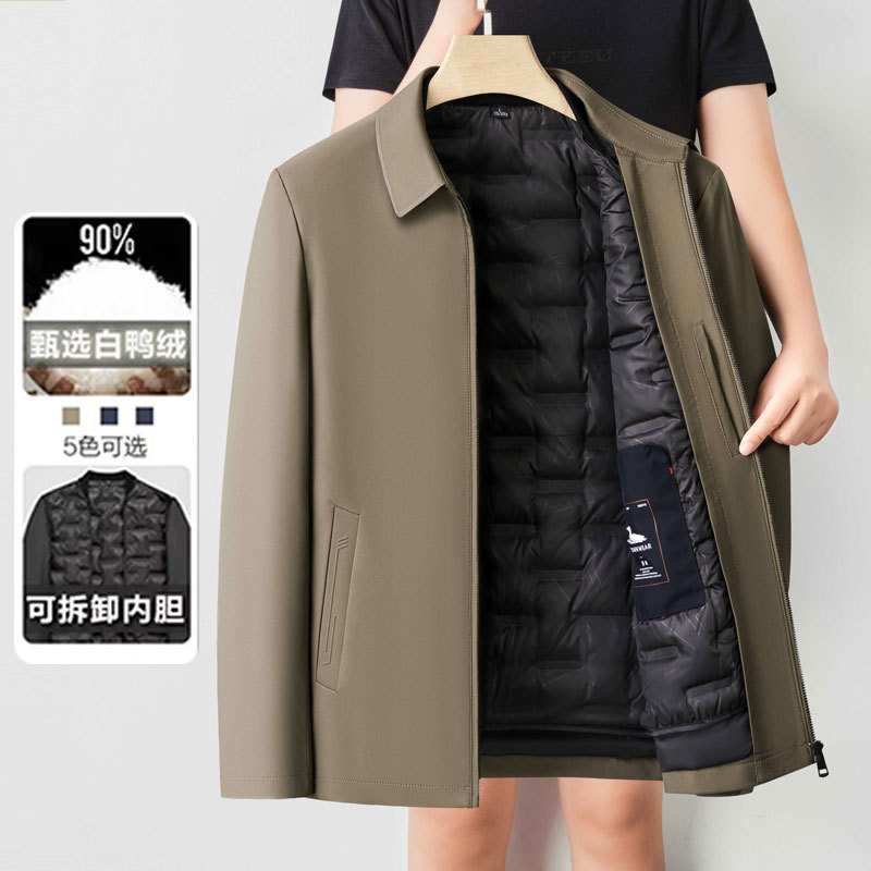 New high-end men's down jacket, thickened and warm, suitable for autumn and winter, business casual style, duck down jacket, suitable for middle-aged fathers.
