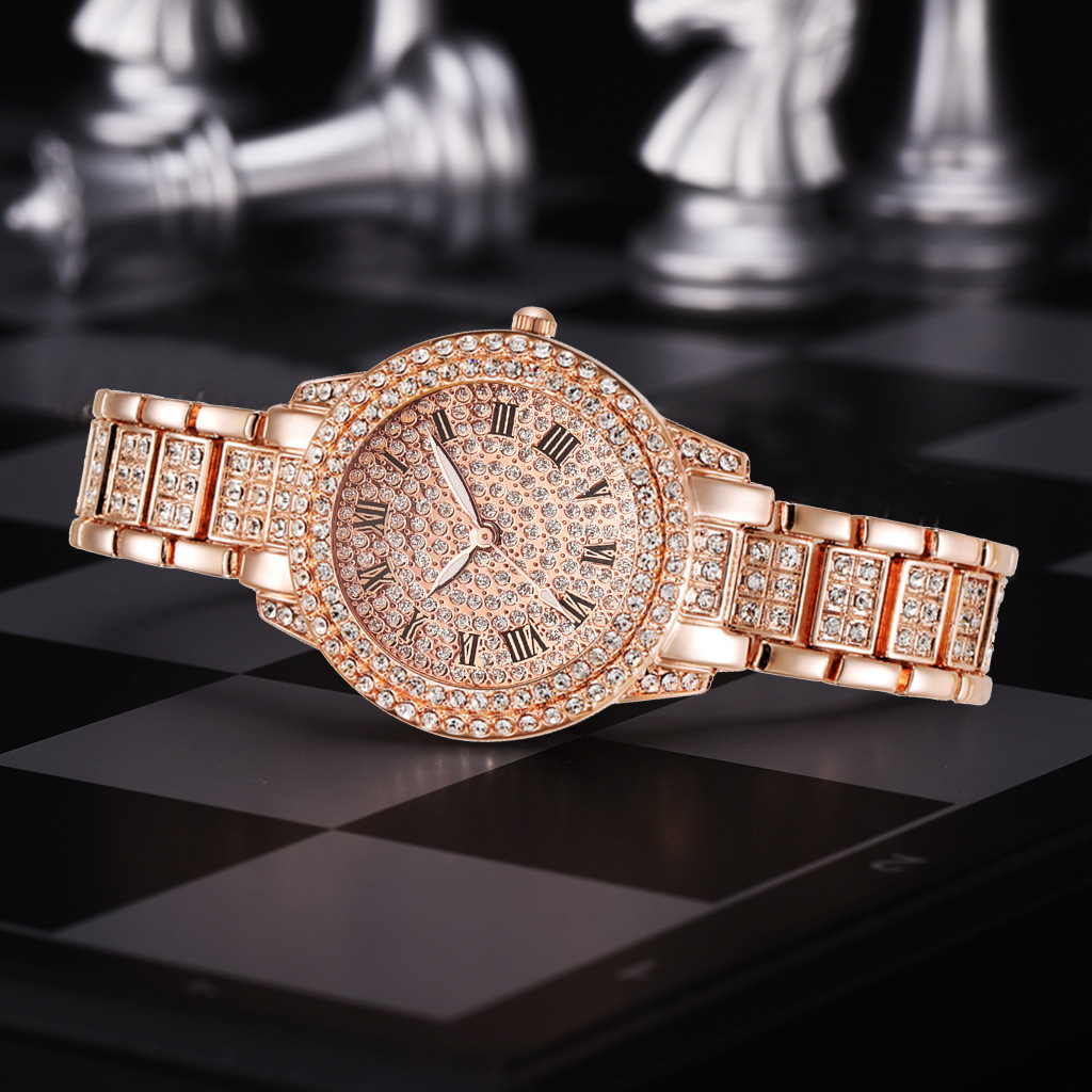 Roman literal steel belt watch full of diamonds starry temperament business quartz watch hip-hop style full diamond bracelet set - Image 4