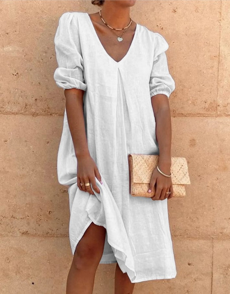 2024 Amazon Wish Cotton Linen Solid Color Mid-Length Sleeve Casual Mid-Length Dress, Elegant Commuter Style, Full Swing - Image 11