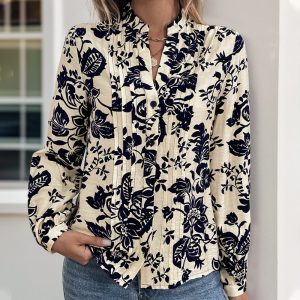 Amazon cross-border e-commerce, new autumn retro print shirt with stand collar, elegant and stylish women's shirt top.