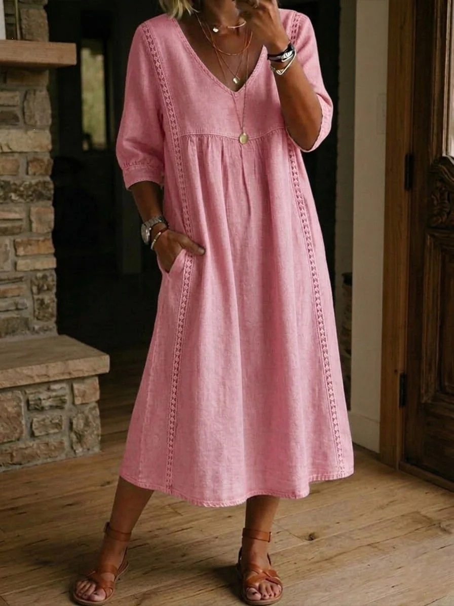 2026 Amazon New Summer European and American Style Cotton Linen V-neck Loose Fit Slimming Three-Quarter Sleeve Mid-Length Women's Dress - Image 10