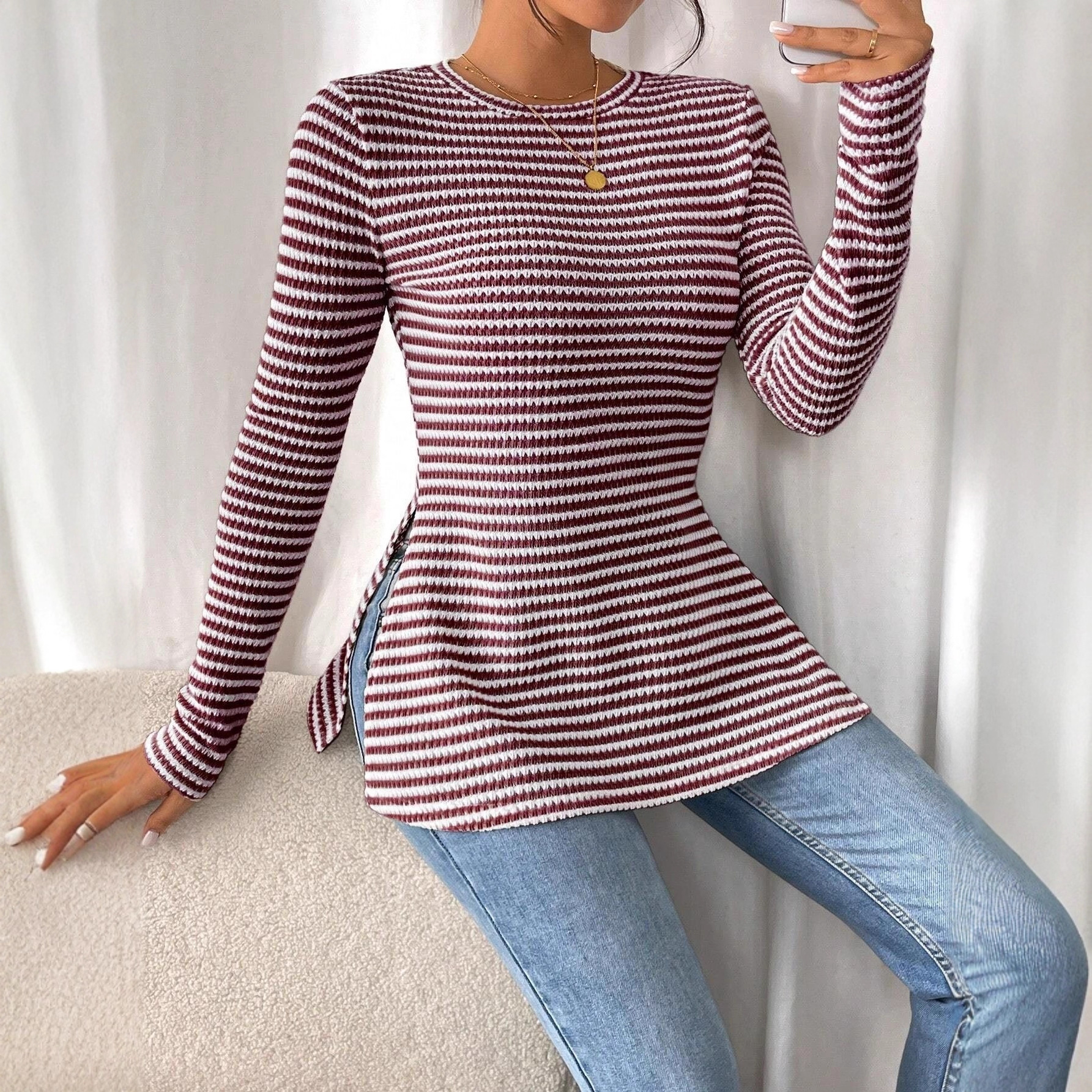 New European and American cross-border foreign trade women's round neck casual striped base layer top with side slit sexy T-shirt, slimming - Image 4