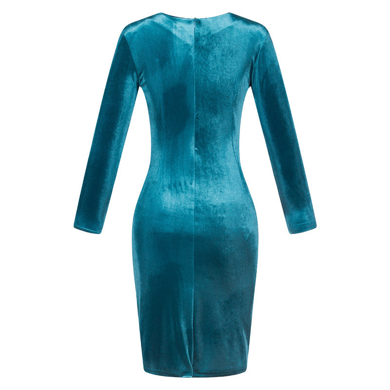 2023 ebay AliExpress European and American Foreign Trade Best Selling Korean Velvet Slim Long-sleeved Gold Silk Velvet Hip Dress - Image 5