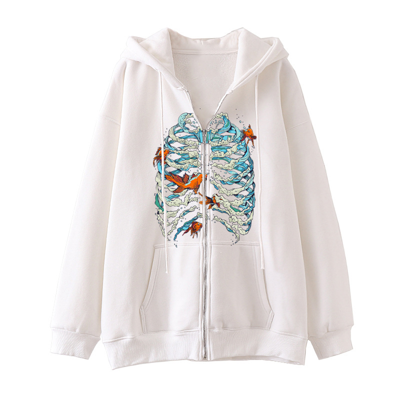 New arrival Skull Wings Hooded Zipper Sweatshirt Women Korean Style Plus Velvet Thickened Loose Sports Cardigan Sweatshirt Women - Image 28