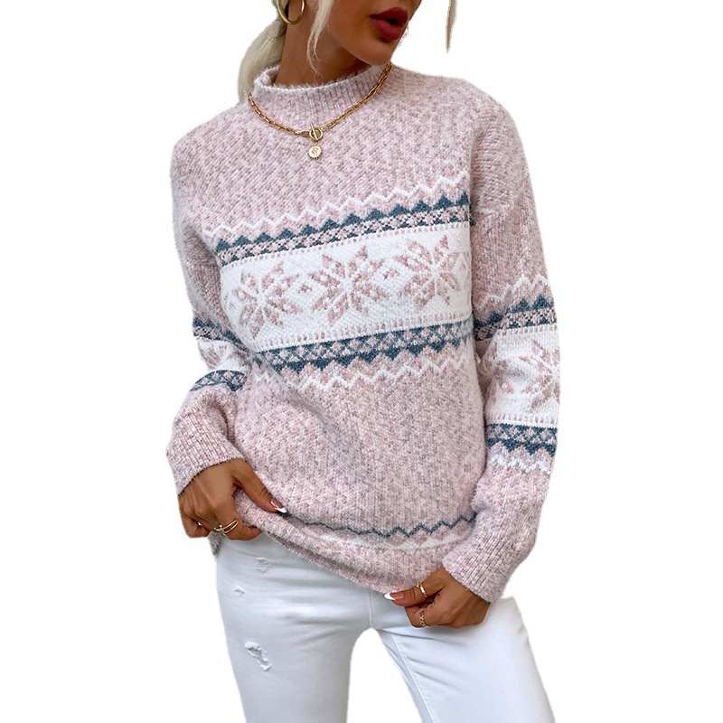 Light Rain European and American Export Christmas Knitwear 2023 Autumn/Winter New Arrival Amazon Half-High Neck Snowflake Sweater for Women - Image 5