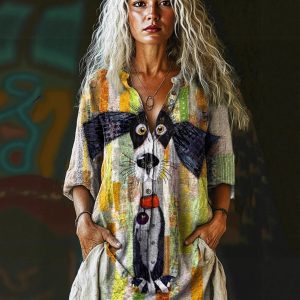 (Linen-like) 2025 European and American style women's casual floral print blouse, daisy print blouse, 3D printed blouse