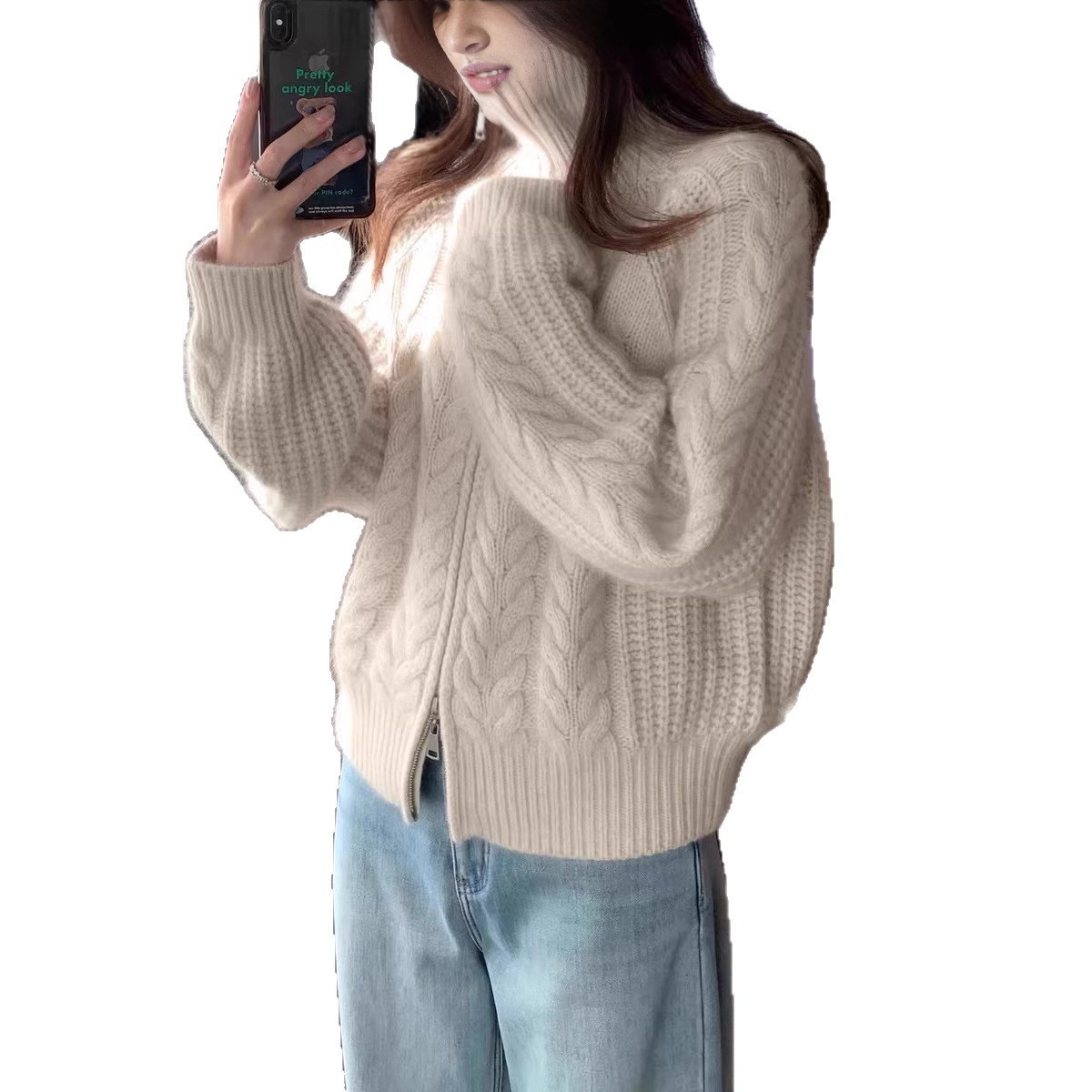 Autumn/Winter Zipper Cardigan Knit Thick Twisted Knit Loose Stand Collar Sweater 100% Wool Cardigan Coat - Image 5