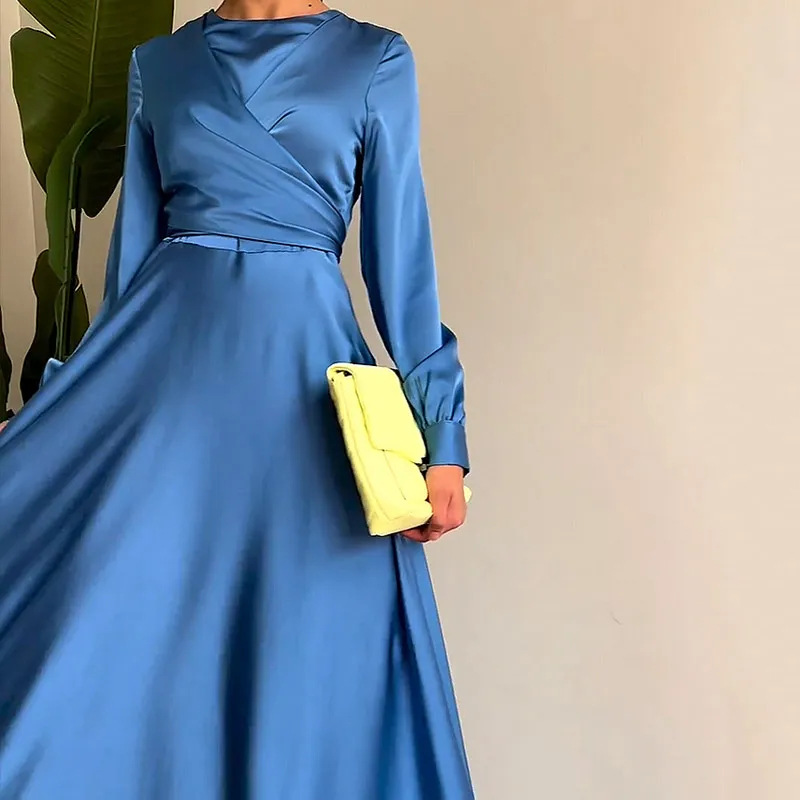 2023 Autumn European and American Amazon cross-border foreign trade new solid color round neck textured high-waist slim long-sleeved dress - Image 6