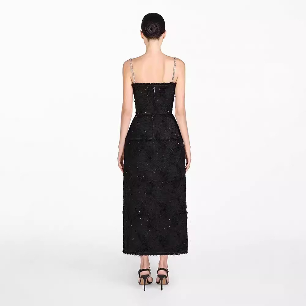 Spot temperament bow edge suspender long skirt celebrity slim waist black dress 40223 - Image 4