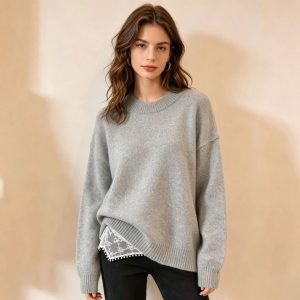 Women's loose-fitting round neck knit sweater, drop shoulder, solid color basic pullover, casual layering top