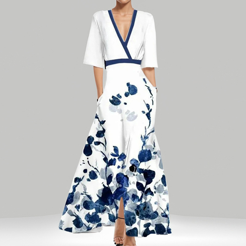 European and American style 2025 new women's fashion, elegant V-neck short-sleeved printed waist-cinching long dress - Image 2