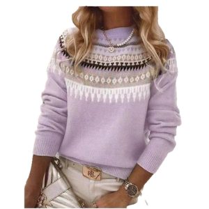 Wish Hot Selling Amazon New European and American Style Sweater Women's Round Neck Color Block Loose Fashion Pullover Knit Sweater
