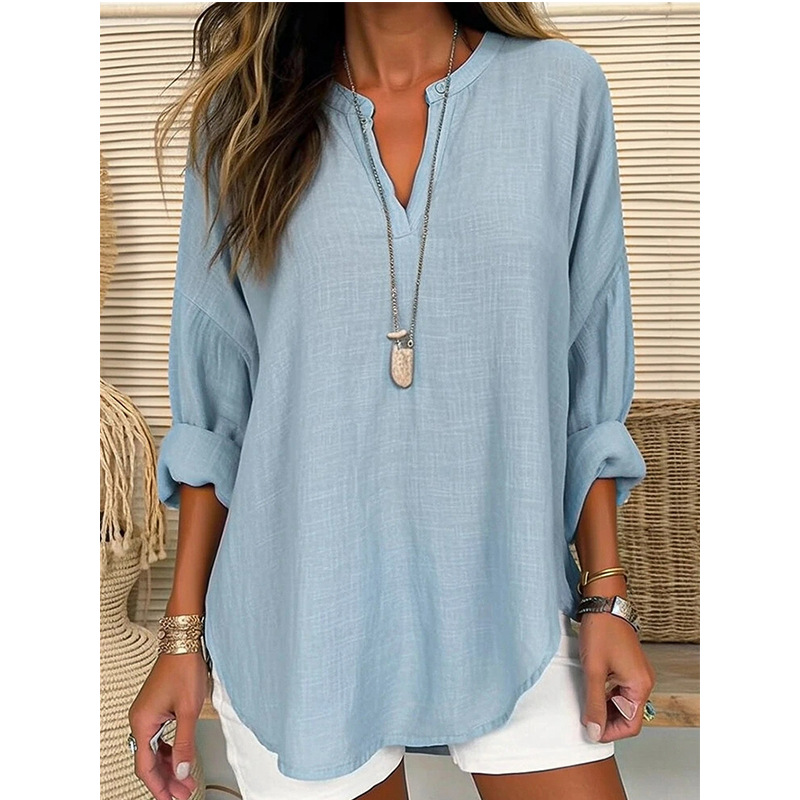 2023 cross-border foreign trade Europe and America hot-selling women's autumn and winter V-neck cotton and linen pure large size shirt - Image 9