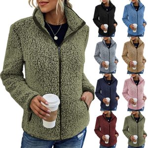 2025 Amazon Cross-Border Women's Stand Collar Autumn/Winter Coat, Solid Color Loose Casual Zipper Bubble Fleece Sweatshirt for Women